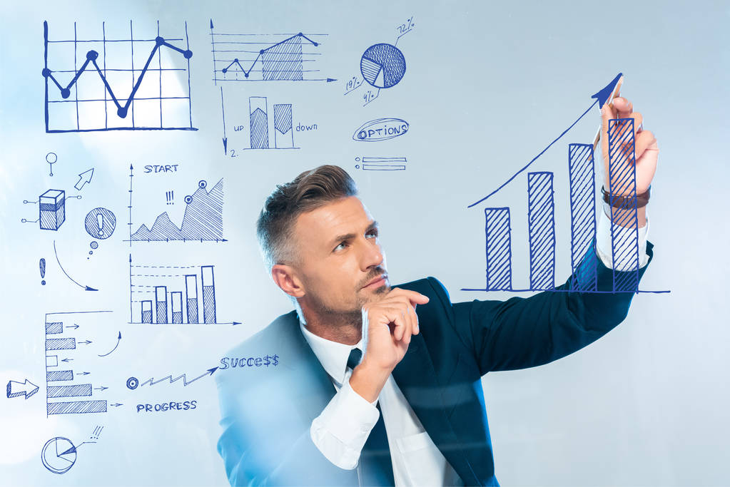 stock photo handsome businessman drawing graphs isolated white artificial intelligence concept