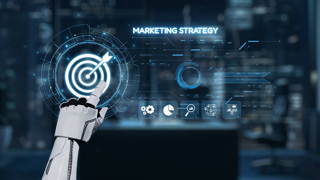 stock photo close robotic hand pointing digital marketing strategy interface scene captures