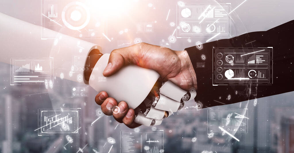 stock photo rendering hominoid robot handshake collaborate future technology development thinking brain